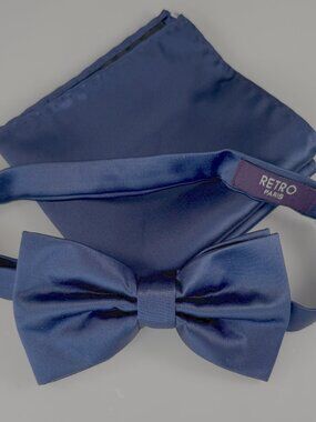 Retro Paris Blue Adjustable Bow Tie + matching handkerchief/square